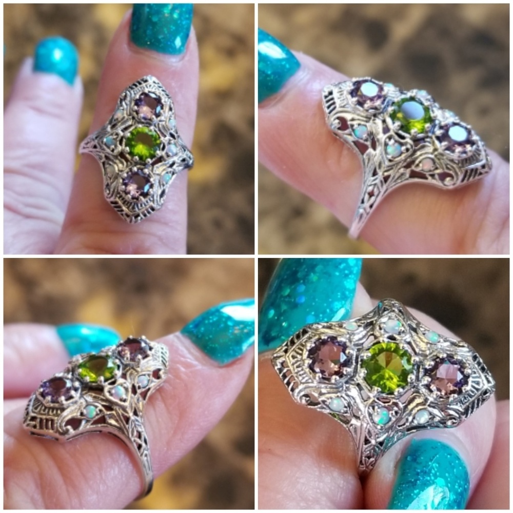 Genuine 3ct Amethyst and Peridot Ring Size 8 - Picture 3 of 6